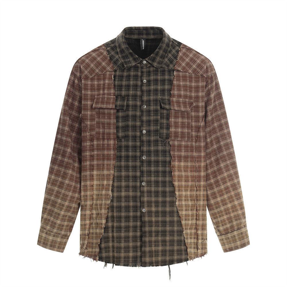 Color blocking checkered patchwork fringed shirt for men | MuddyStock Originals