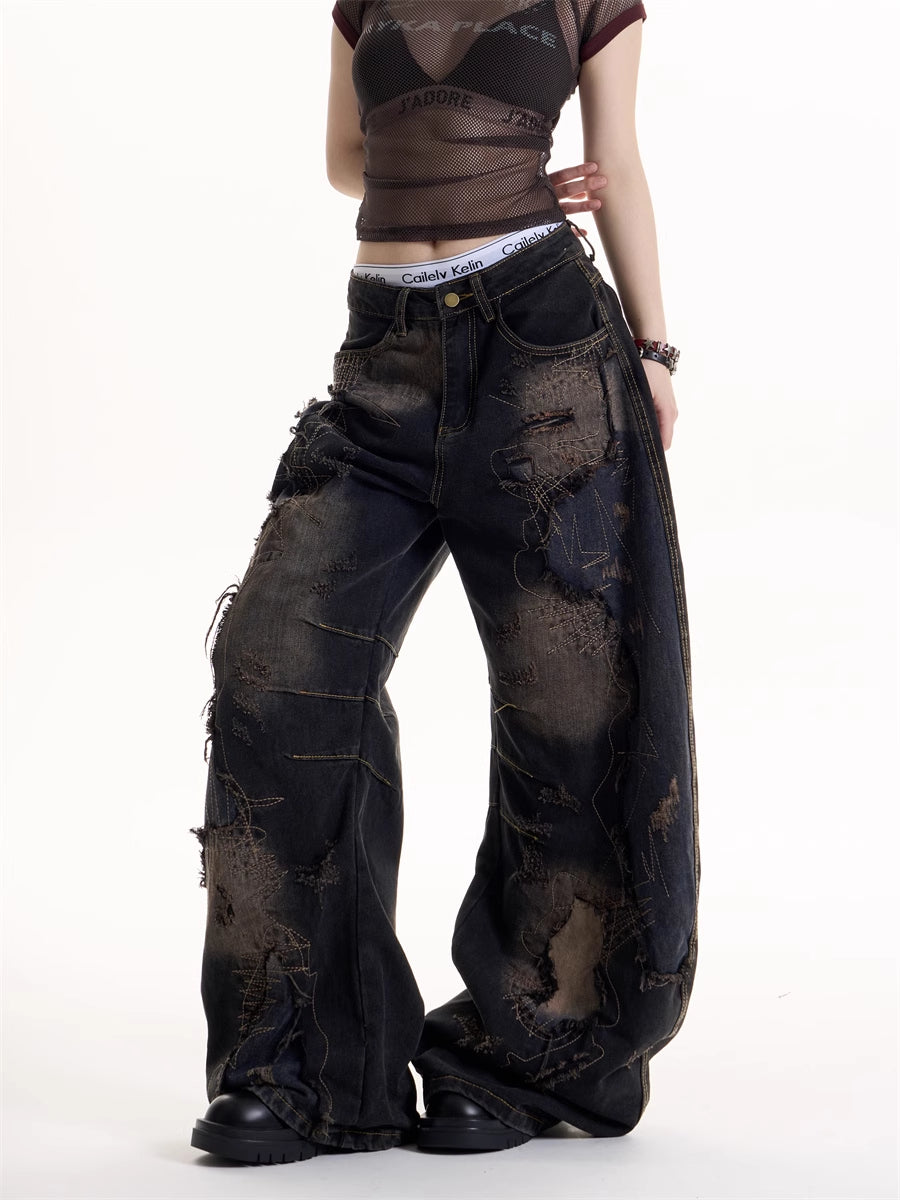 American Retro Wind Black Tie-dyed Ripped Jeans For Women