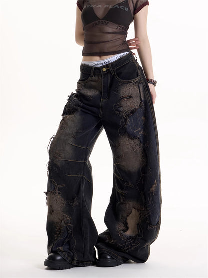 American Retro Wind Black Tie-dyed Ripped Jeans For Women