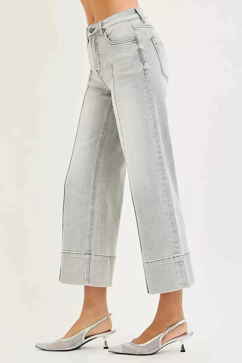 RISEN Mid Rise Crop Wide Pintuck Jeans For Women Trendsi