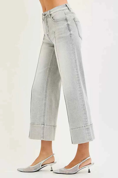 RISEN Mid Rise Crop Wide Pintuck Jeans For Women Trendsi