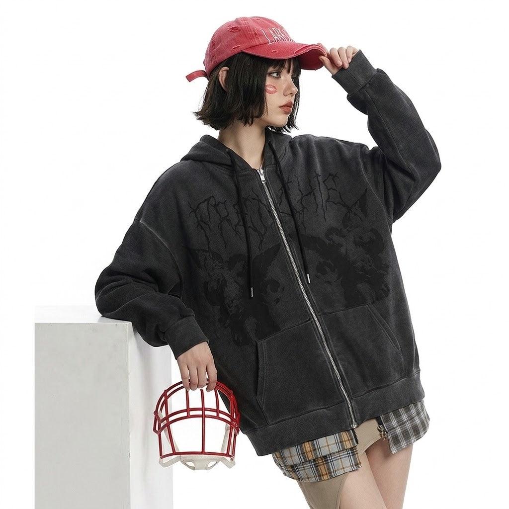 Goth Angel Dark Print Zipper Hoodie for Women | MuddyStock Originals