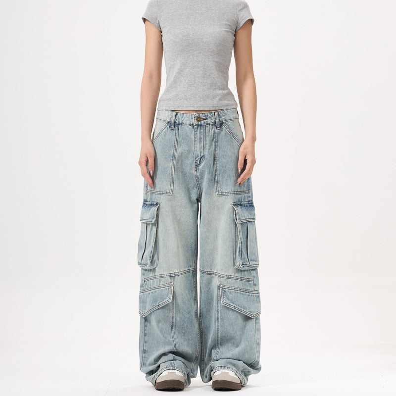 Light Wash Heavy Duty Cargo Denim Pants for Men and Women with Multiple Pockets