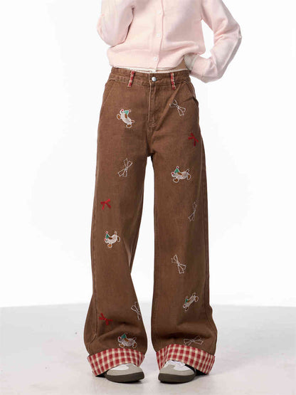 Vintage Bow Puppy Embroidered Wide Leg High Waist Jeans For Women Coffee MuddyStock