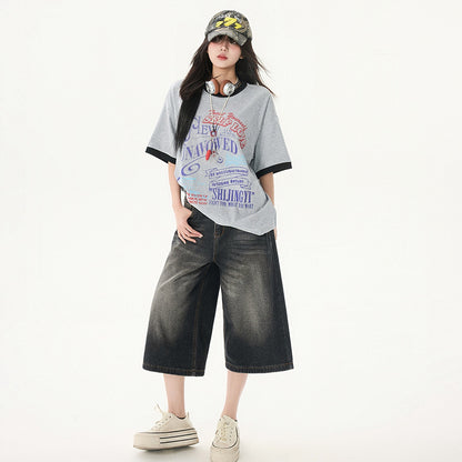 Women's Washed Seven-Quarter Denim Pants Loose Straight Wide-Leg Mid-Length Trousers
