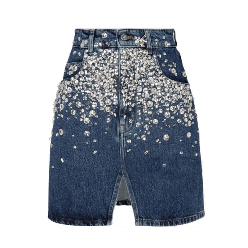 Beaded and diamond front split denim skirt for women All Products