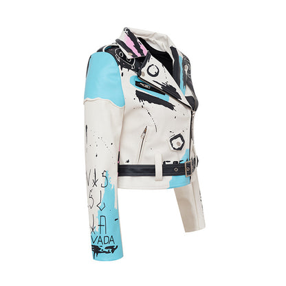 Graffiti Print Rivet Motorcycle Leather Jacket For Women