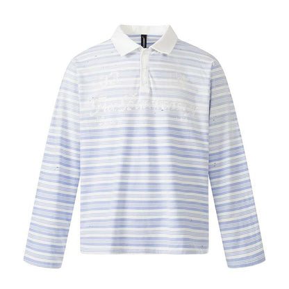 Letter printed gradient striped long sleeved polo shirt Blue Stripes