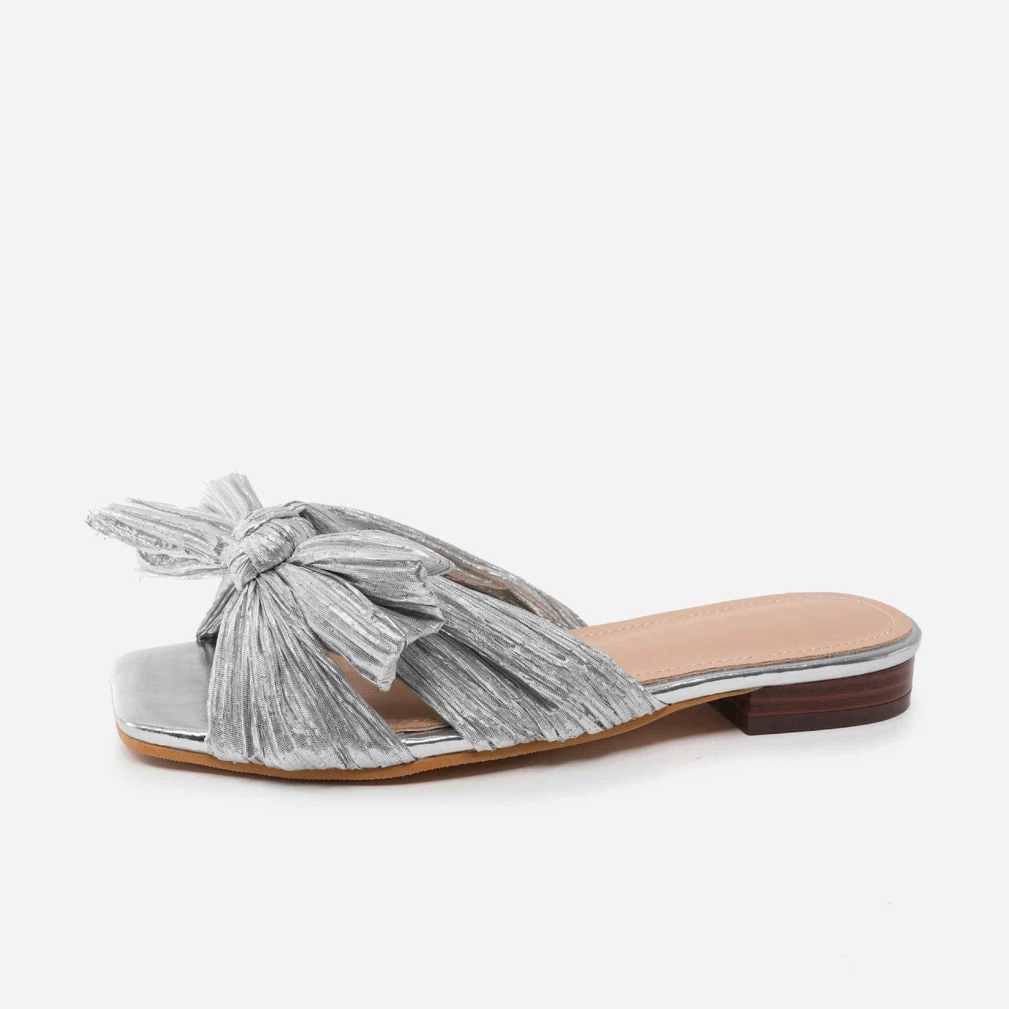 Women's Summer Flat Bottom Bow Mesh Outer Wear Fingerless Slippers silver