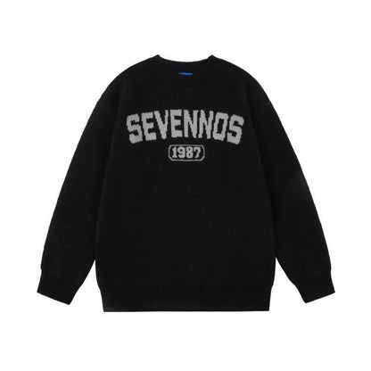Letter jacquard loose knit sweatshirt For Men And Women | MuddyStock Originals Black MuddyStock