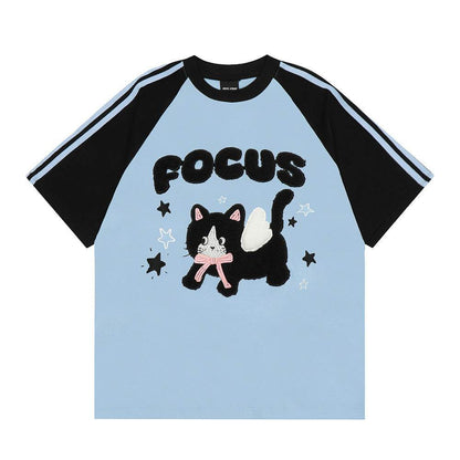 Cartoon Kitten Flocking Embroidered Short Sleeve For Men And Women Black And Blue MuddyStock
