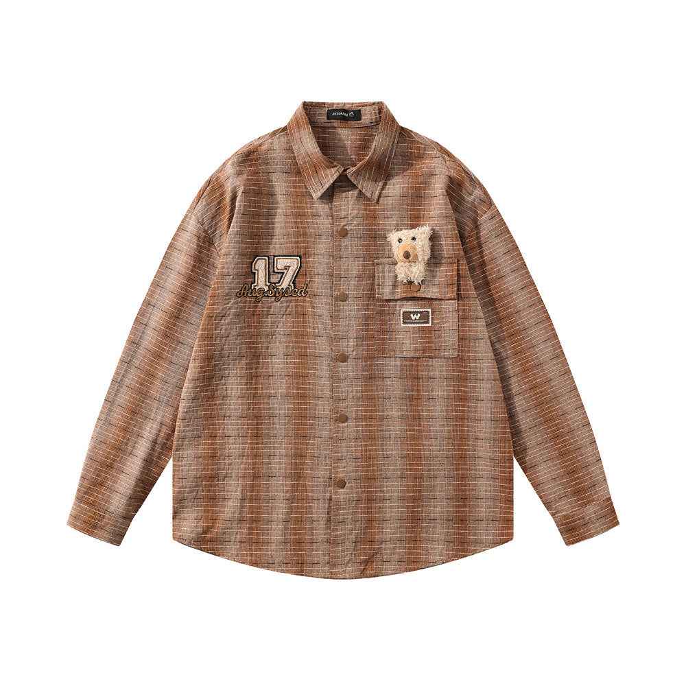 Plaid Long-sleeved Shirt With Cute Doll For Women Brown null