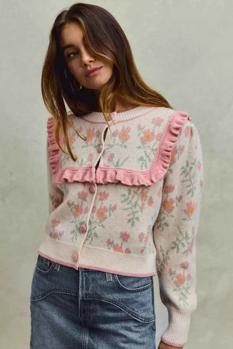Flower With Ruffle Detailing Sweater Cardigan For Women Trendsi
