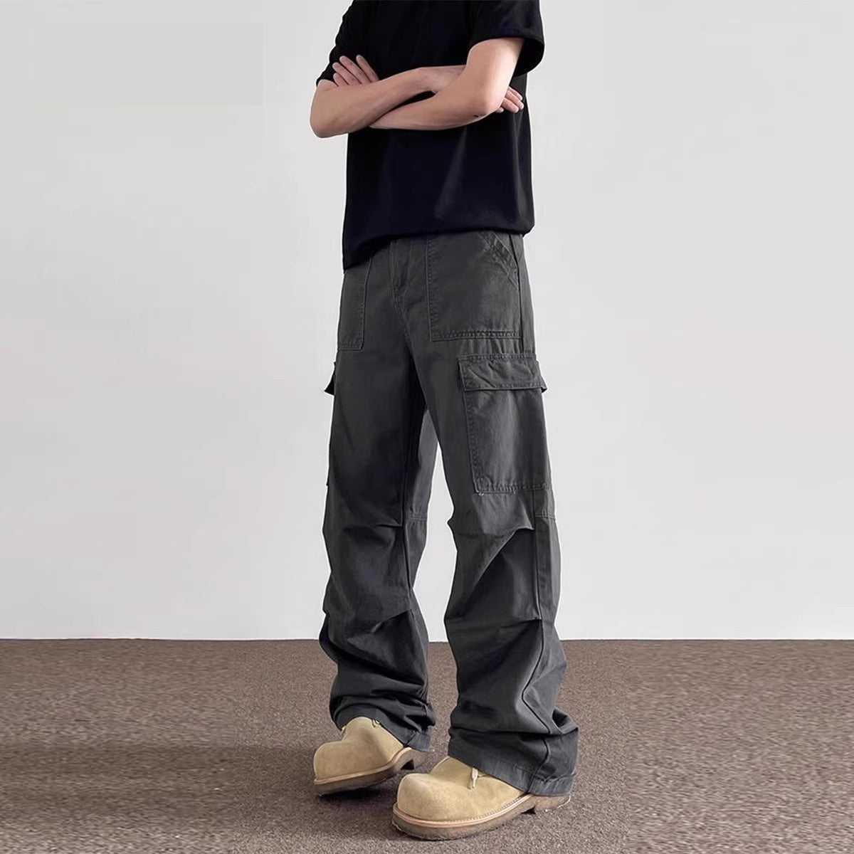 American Retro Washed Distressed Overalls Men Dark Gray
