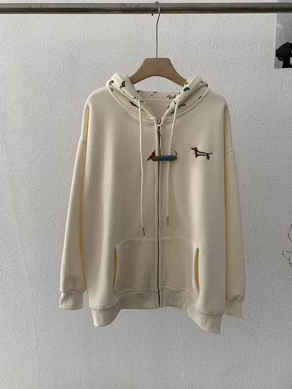 Embroidered Dog Print Hooded Zipper Sweatshirt Jacket Loose Casual Open Front Top Beige One Size eprolo
