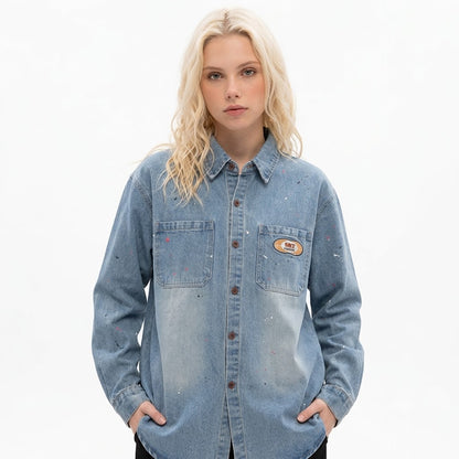 Denim Long Sleeve Splash-ink Shirt For Women