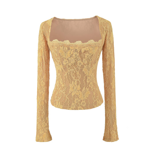 Double-Layer Embossed Long Sleeve Square Neck T-Shirt for Women Khaki