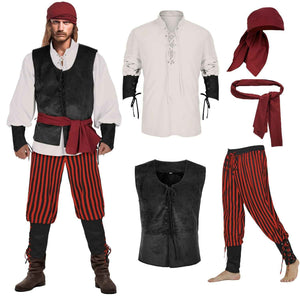 Halloween Caribbean Pirate Costume For Men Full set + Red Striped Pants