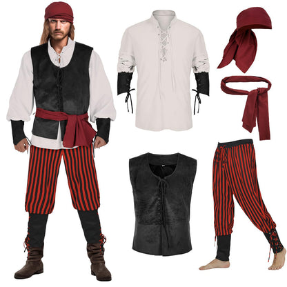 Halloween Caribbean Pirate Costume For Men Full set + Red Striped Pants
