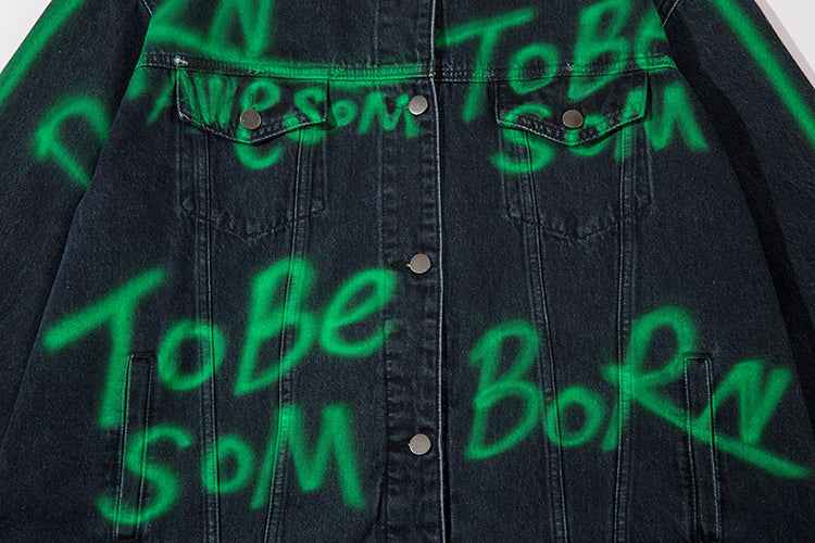 Hip Hop American Letters Inkjet Patterned Denim Jacket For Men And Women