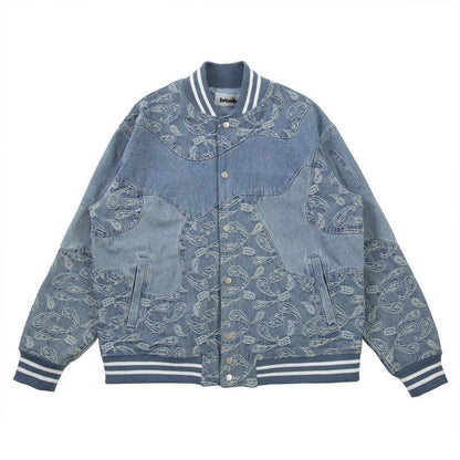Torn Patchwork Cashew Flower Denim Jacket For Men And Women 8375Style null