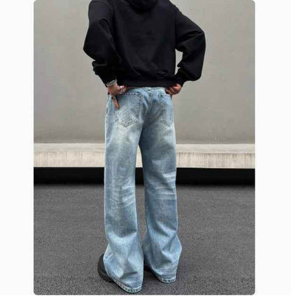 Men's Retro Whisker Washed Blue Straight Jeans MuddyStock