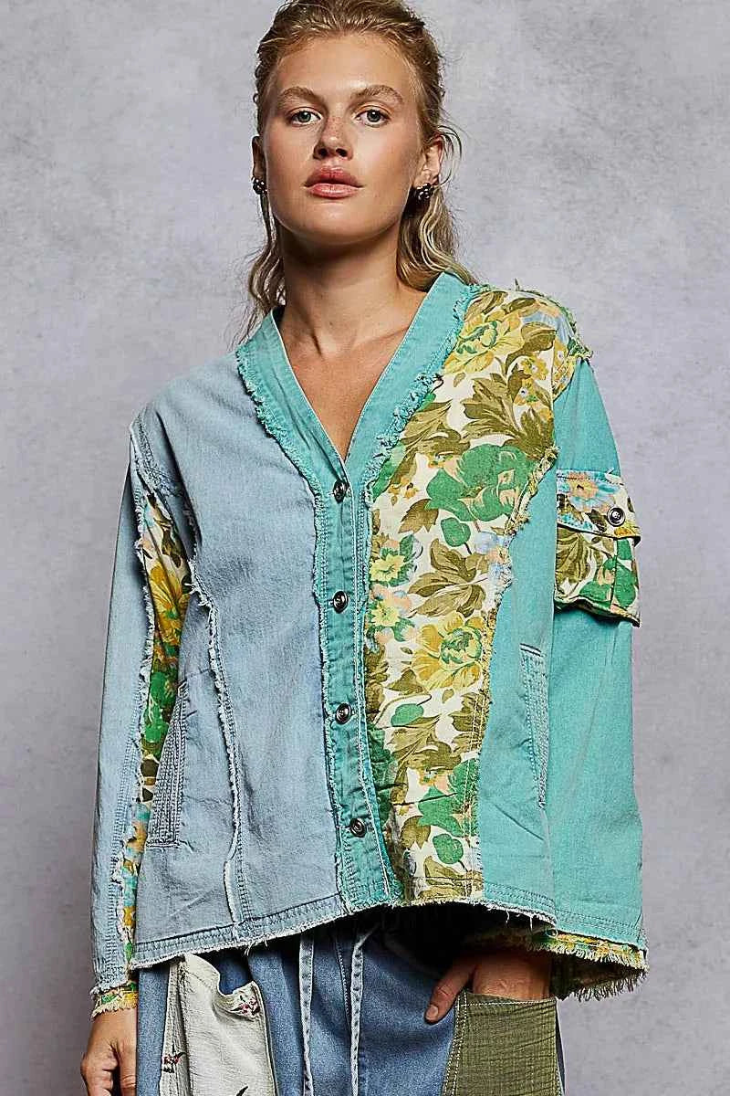 Button Down Floral V-Neck Long Sleeve Raw Hem Top For Women DENIM TEAL Trendsi