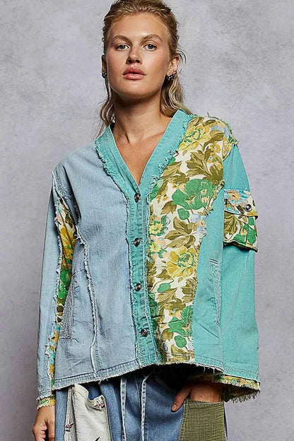 Button Down Floral V-Neck Long Sleeve Raw Hem Top For Women DENIM TEAL Trendsi