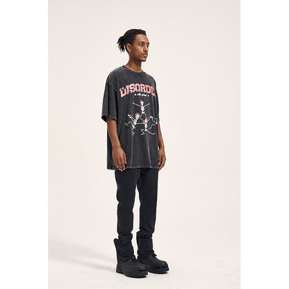 Vintage High Street Washed Old Bone Print Oversized Men's T-Shirt Black MuddyStock