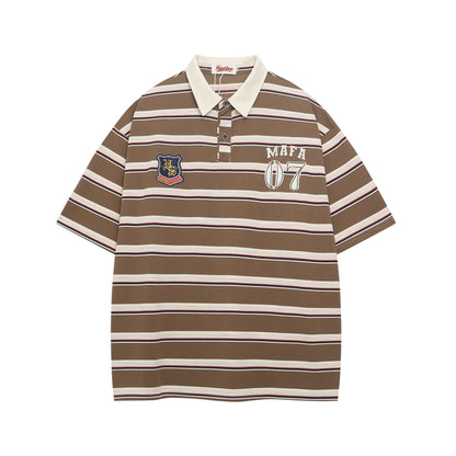 Retro Letter Embroidery Stripe Short Sleeve Polo Shirt For Men Chestnut Brown MuddyStock