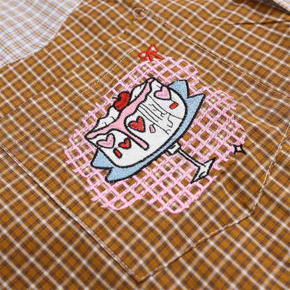 Cartoon embroidery color blocked checkered long sleeved shirt for women | MuddyStock Originals