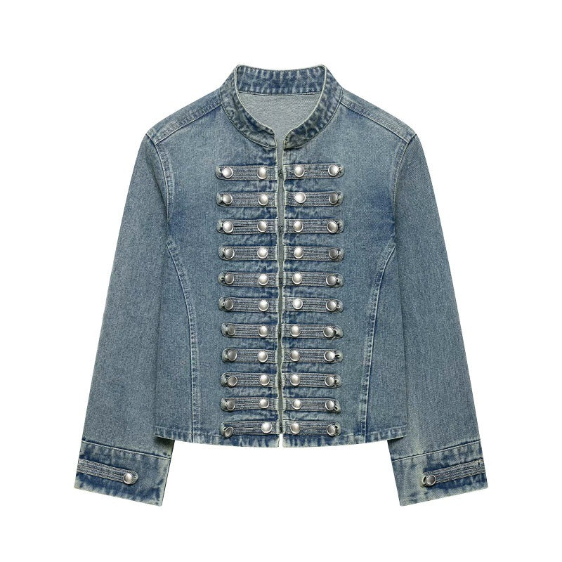 Fashionable Buttoned Round-neck Denim Jacket For Women All Products