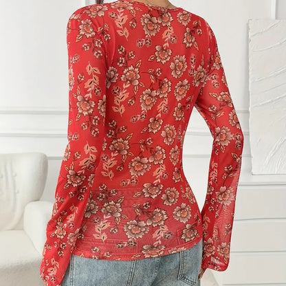 Women Button Down Long Sleeve V Neck Ruched Fitted Top MuddyStock