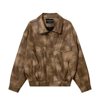 Contrast Color PU Leather Jacket For Men Brown null