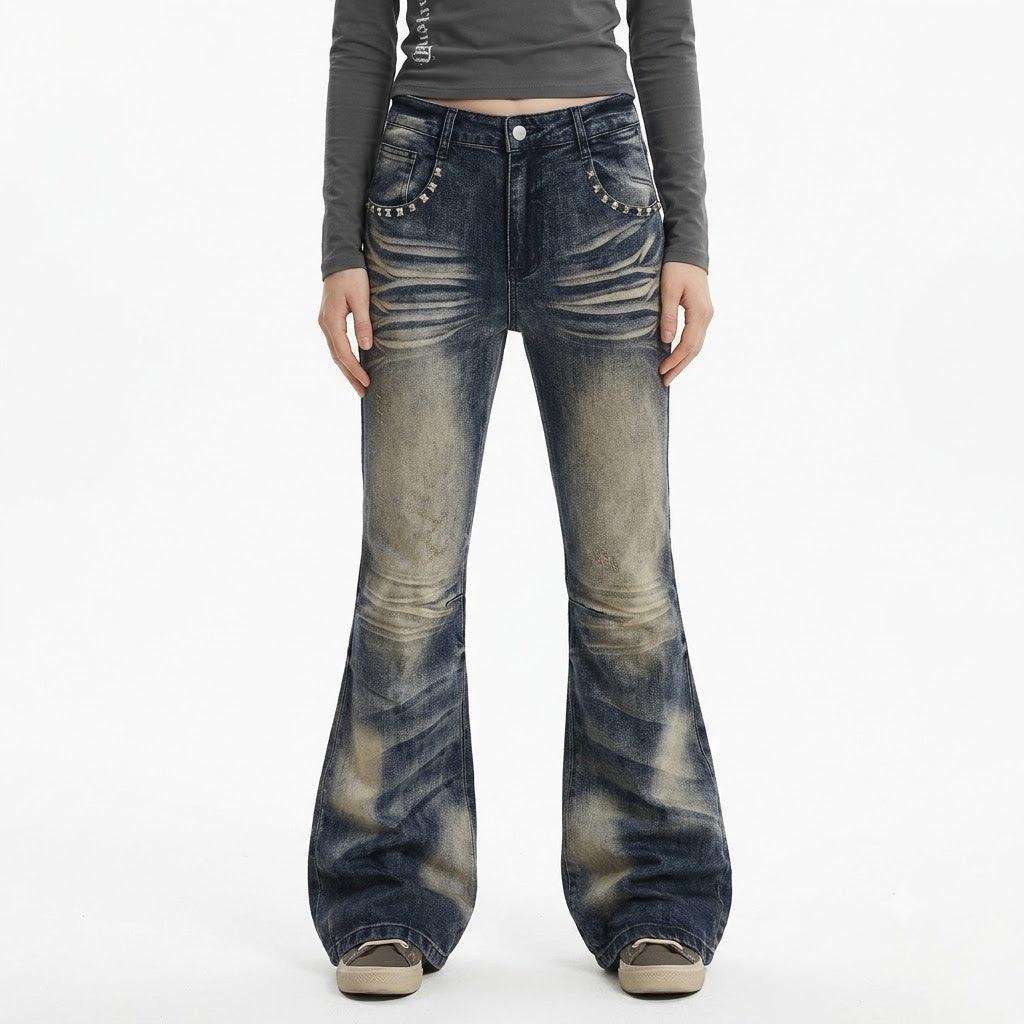 Color blocking white washed denim bell bottom pants for women | MuddyStock Originals