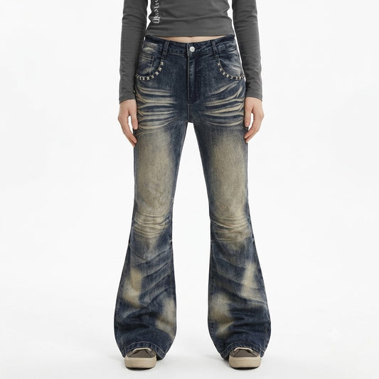 Color blocking white washed denim bell bottom pants for women | MuddyStock Originals