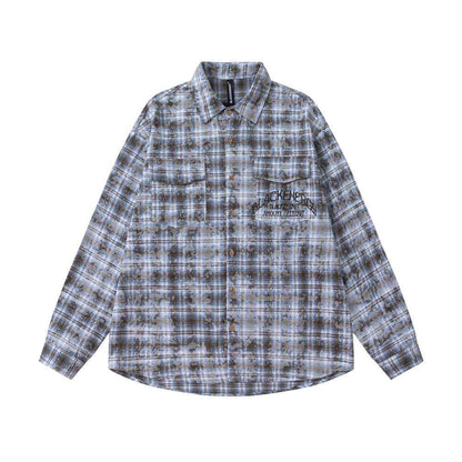 Distressed Washed Plaid Long-sleeved Shirt For Men And Women Blue null