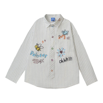 Retro Bee Letter Print Striped Couple Long Sleeve Shirt Loose Fit All-Match Blouse Men