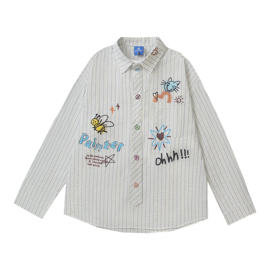 Retro Bee Letter Print Striped Couple Long Sleeve Shirt Loose Fit All-Match Blouse Men
