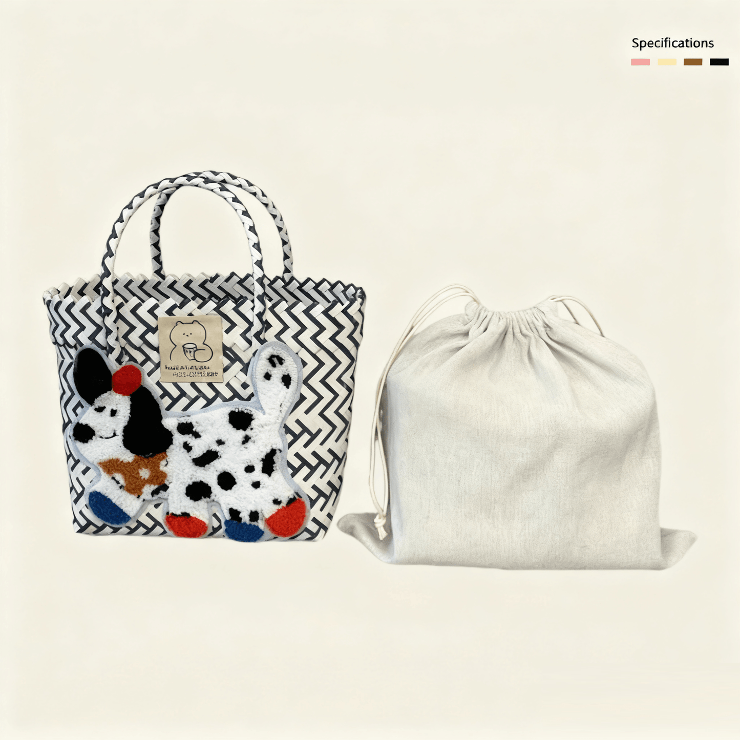 Large capacity sausage dog hand woven cabbage basket bag Handheld - Navy Blue with White Polka Dot Dog (with Lining)
