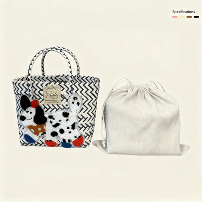 Large capacity sausage dog hand woven cabbage basket bag Handheld - Navy Blue with White Polka Dot Dog (with Lining)