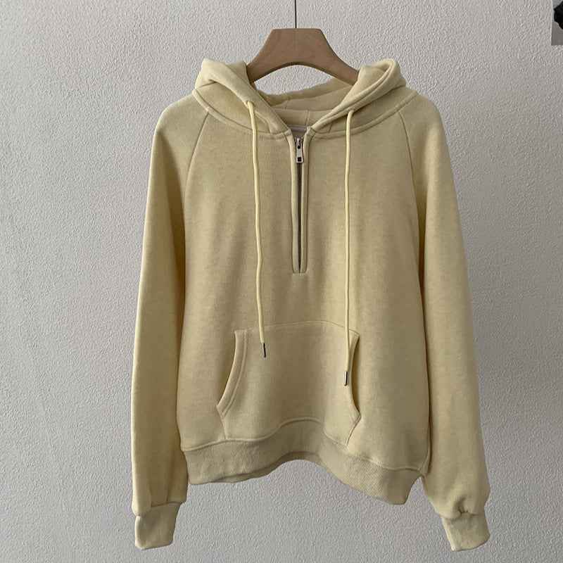 Omalai Half-Zip Hooded Pullover Sweatshirt Women Loose Thick Fleece Long Sleeve Solid Color Top Real Shot eprolo