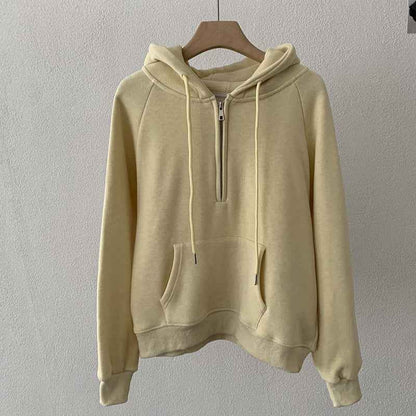 Omalai Half-Zip Hooded Pullover Sweatshirt Women Loose Thick Fleece Long Sleeve Solid Color Top Real Shot eprolo