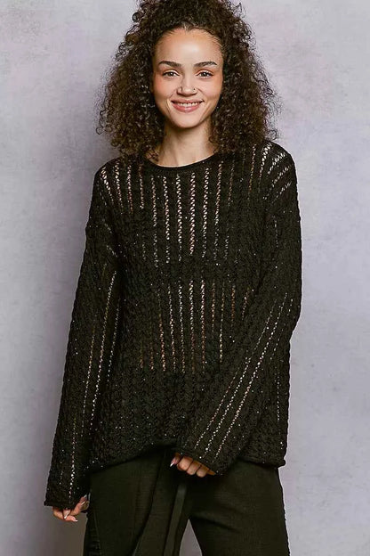 Openwork Round Neck Knit Top with Shiny Detail For Women BLACK Trendsi