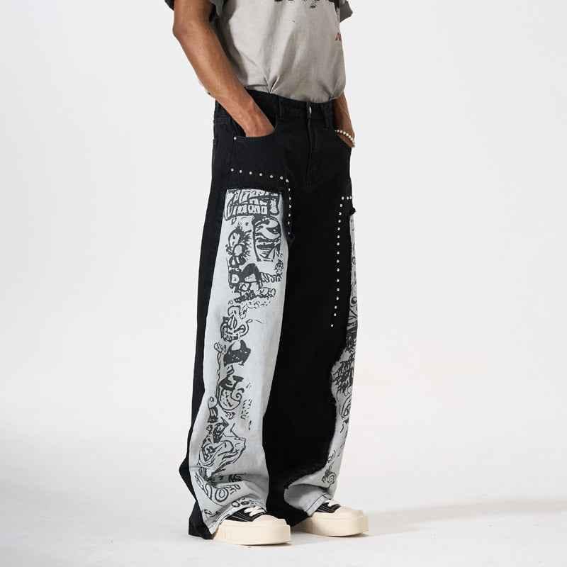 Men's nail bead splicing contrasting graffiti pattern jeans | MuddyStock Originals