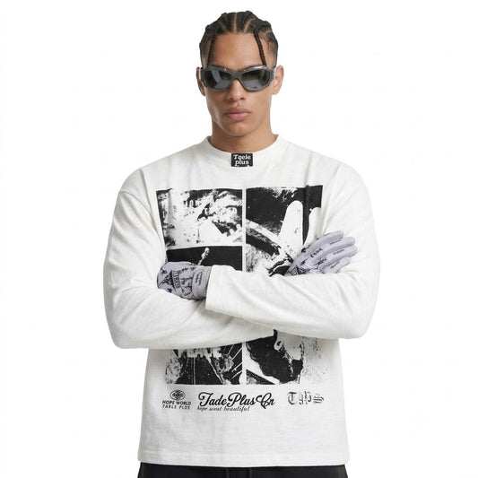 Rock Print Design Long Sleeve Distressed Washed Look Loose Fit T-Shirt For Men | MuddyStock Originals