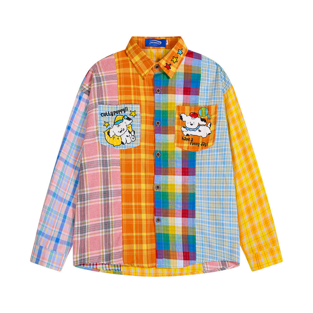 Hip Hop Irregular Color-Block Plaid Long Sleeve Collared Shirt For Men And Women | MuddyStock Originals