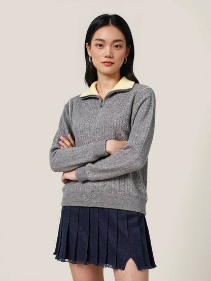 Half-Zip Turn-Down Collar Wool Sweater For Women | MuddyStock Originals Light Gray MuddyStock