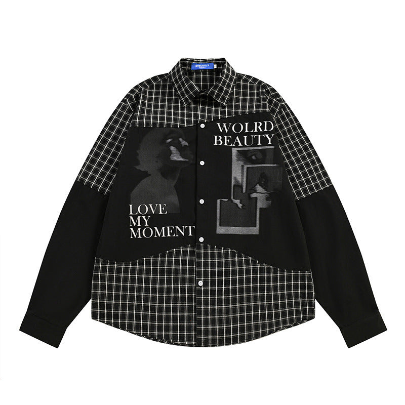 Men's Loose Hip Hop Style Color Block Irregular Plaid Long Sleeve Shirt Black