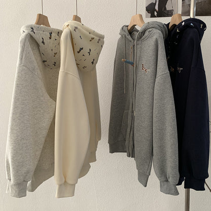 Embroidered Dog Print Hooded Zipper Sweatshirt Jacket Loose Casual Open Front Top eprolo